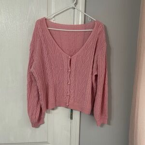 SHEIN Pink V-Neck Cable Knit Cardigan